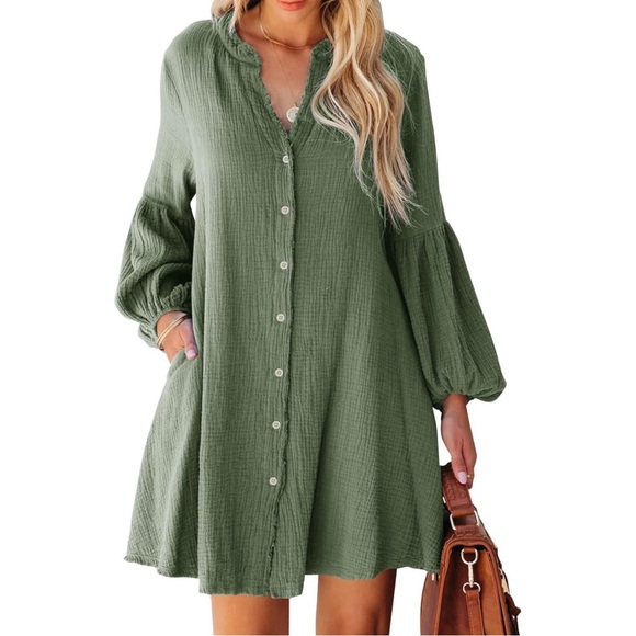 Cotton Casual Button Down Raw Hem Tunic Dress in Green - Picture 2 of 5